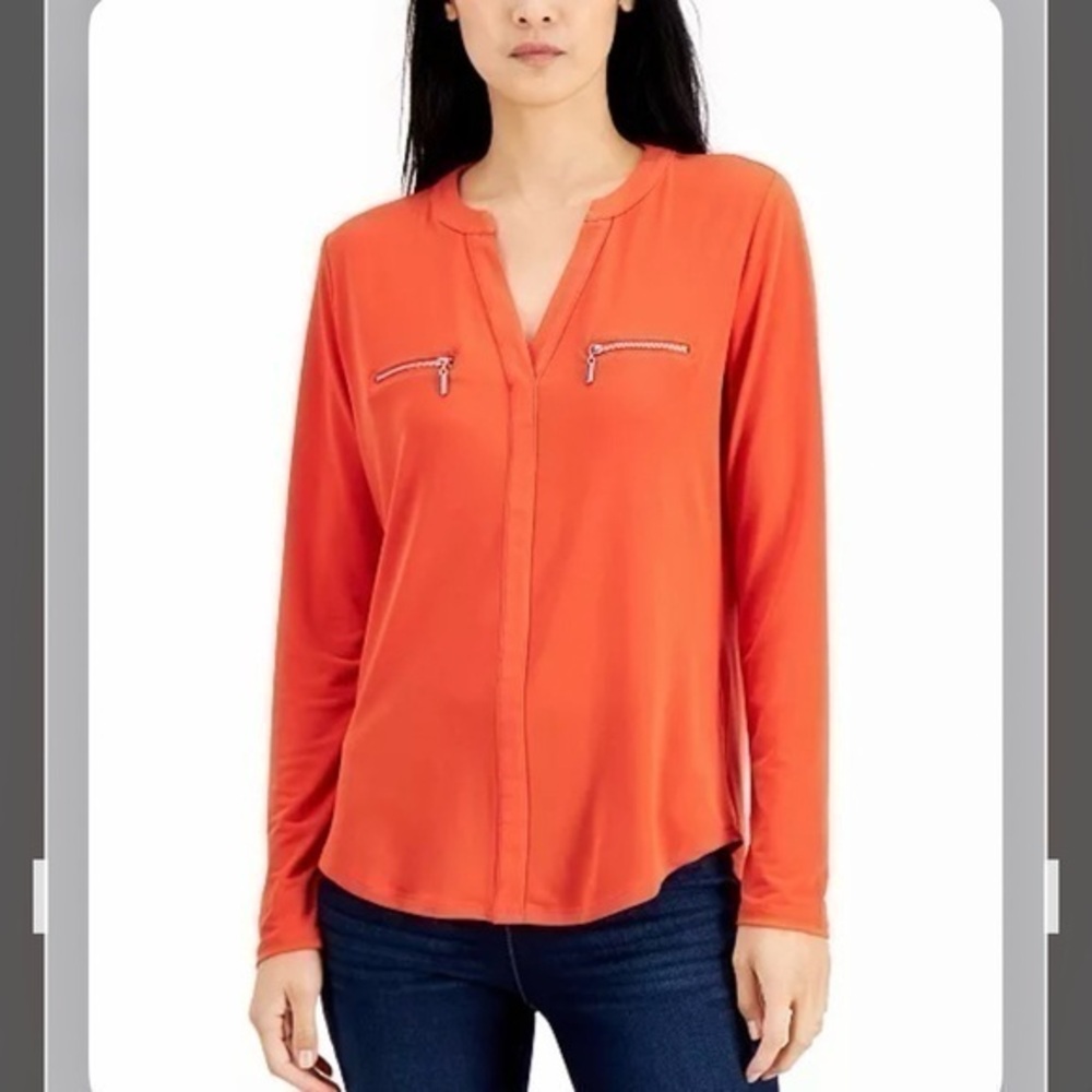 INC INTERNATIONAL CONCEPTS Women's Zip-Pocket Blouse in Summer Fig Size XS